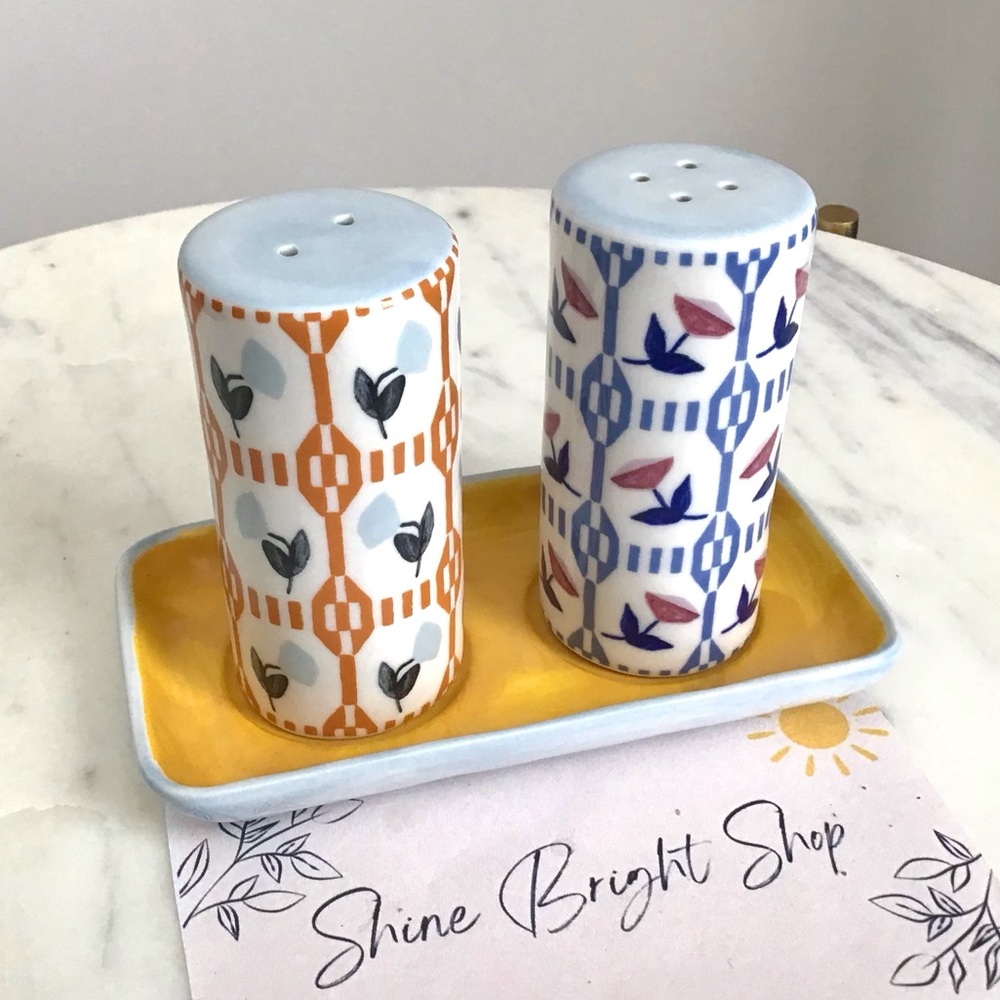 Anthropologie Salt and Pepper Shaker Set Handpainted Stoneware Floral NWT